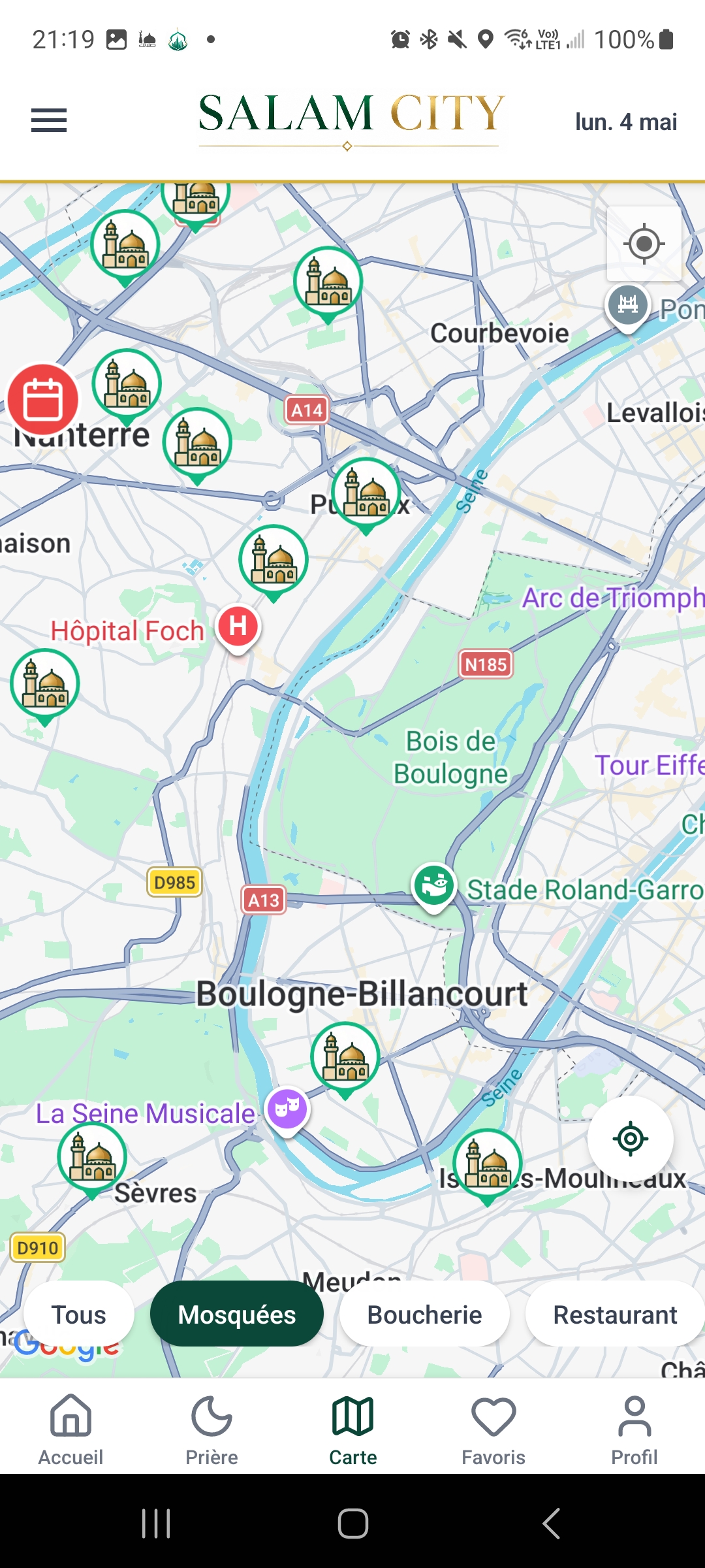 Carte des mosquées dans l'app Salam City