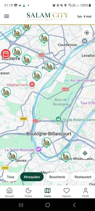 Carte des mosquées dans l'app Salam City