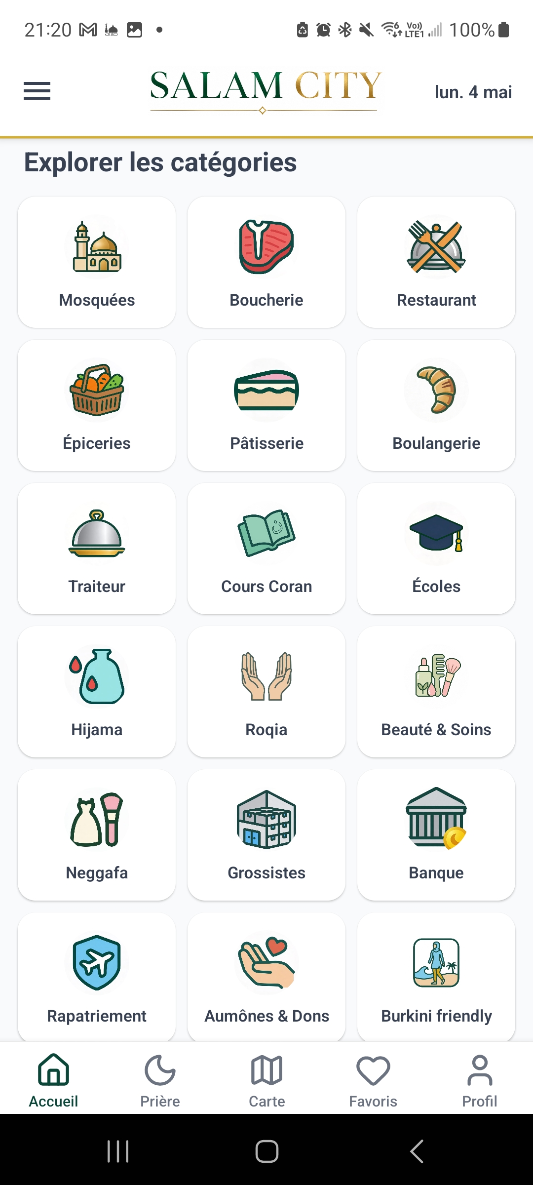 Carte des mosquées dans l'app Salam City